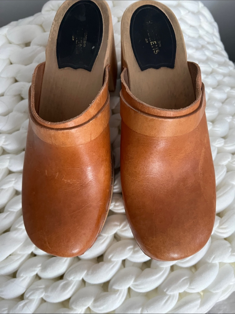 Swedish Hasbeens Cognac Leather Clog Mules